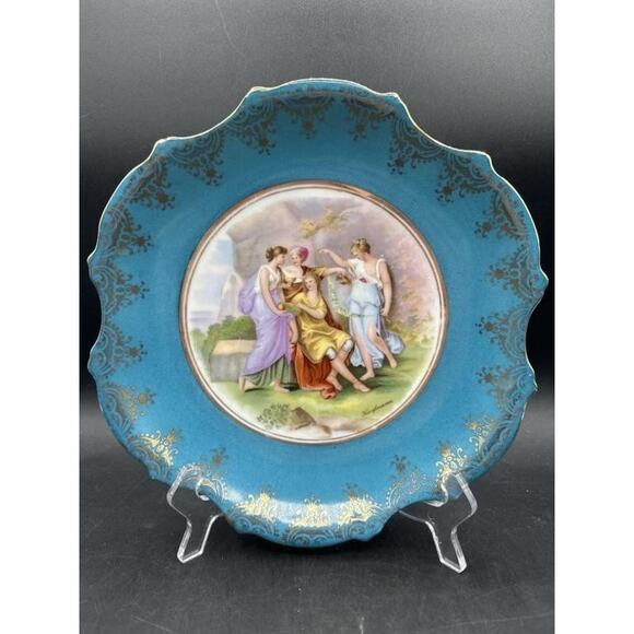 Victoria Austria Sevres Style Kaufmann Watteau Scene Plate Celeste Blue 22K Gold - Picture 1 of 11